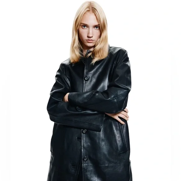 H&M NWT Knee Length Black Leather Jacket in Sz M - Picture 1 of 15